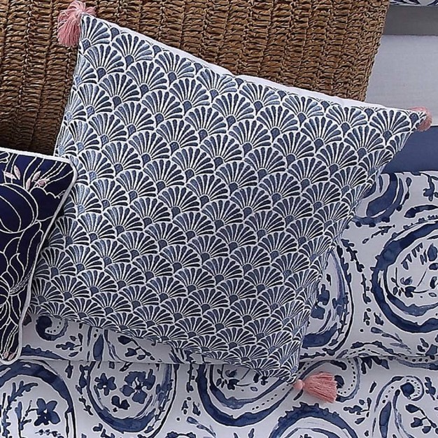 Indienne Paisley Embroidered Scallop Decorative Throw Pillow Navy white Oceanfront Resort