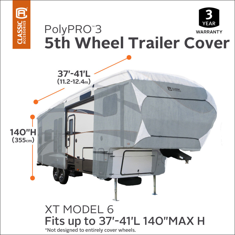 Classic Accessories OverDrive PolyPRO 3 Deluxe Extra Tall 5th Wheel Cover or Toy Hauler Cover， Fits 37' - 41' RVs - Max Weather Protection with 3-Ply Poly Fabric Roof RV Cover