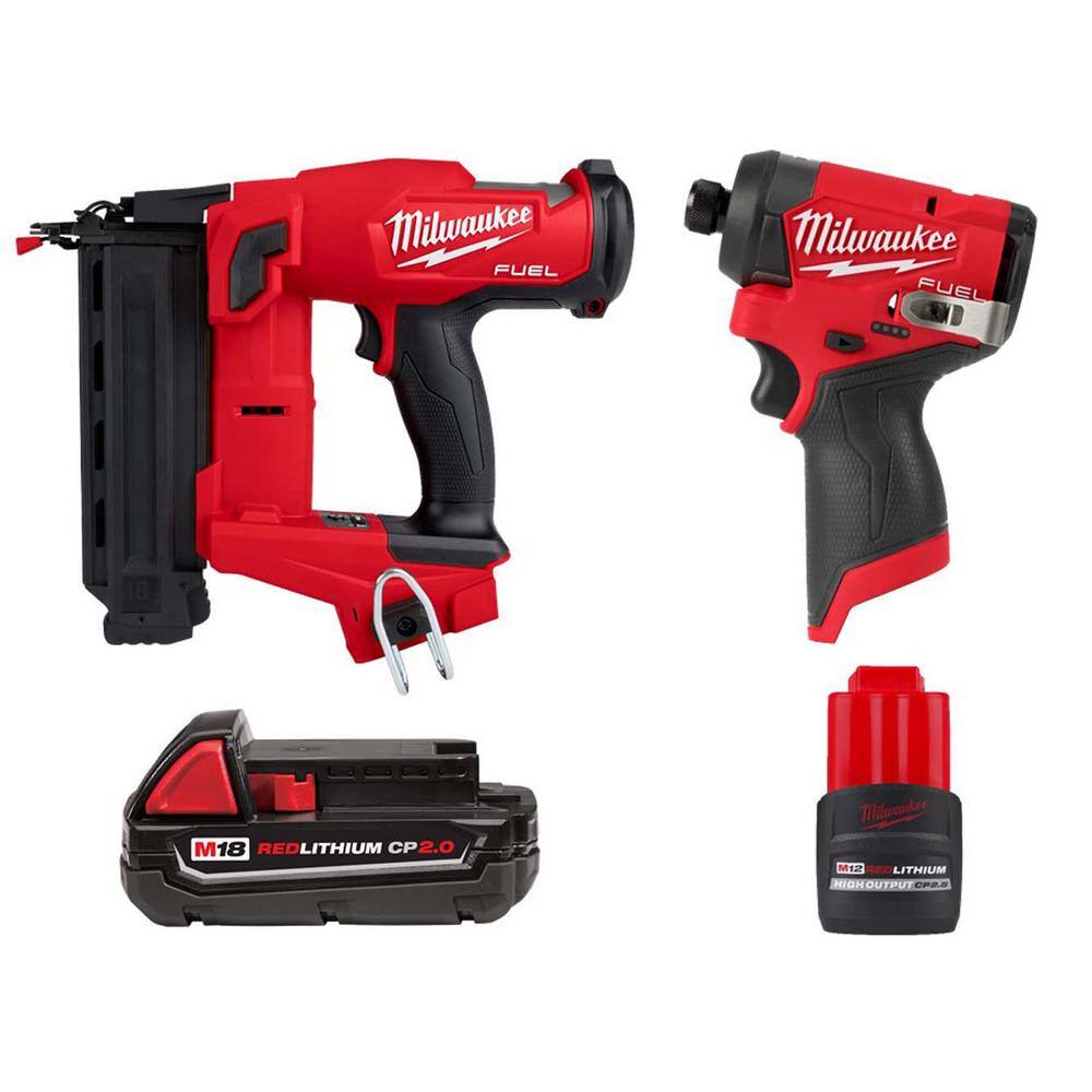 MW M18 FUEL 18-Gauge Brad Nailer M12 Brushless Cordless 14 in. Hex Impact Driver M18 2.0 Ah Battery M12 2.5 Ah Battery 2746-20-48-11-1820-3453-20-48-11-2425