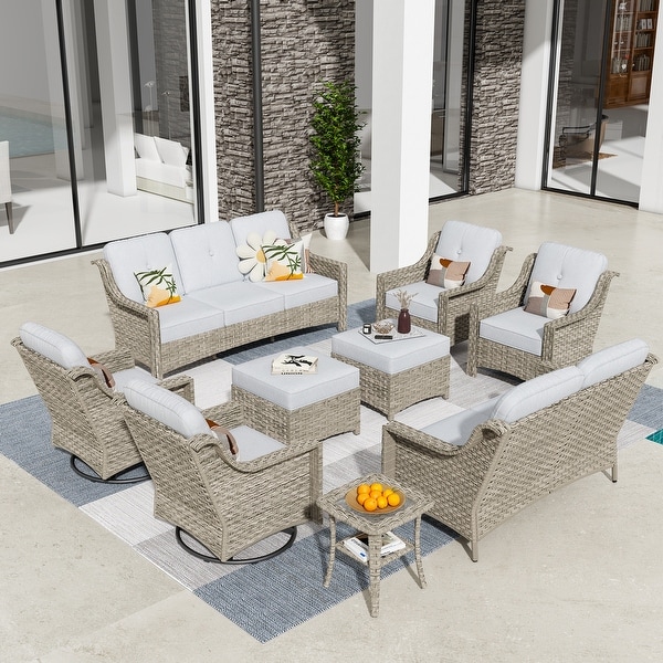 HOOOWOOO 9piece Patio Wicker Furniture Conversation Set with Swivel Chair and Loveseat Sofa