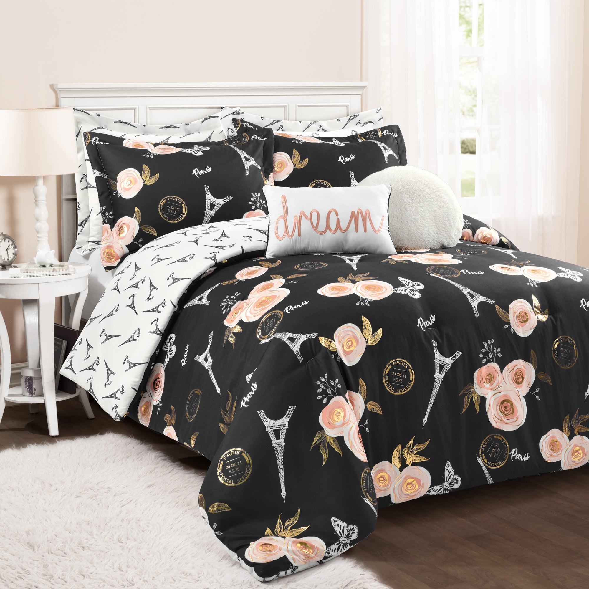 Vintage Paris Rose Butterfly Script Comforter Set