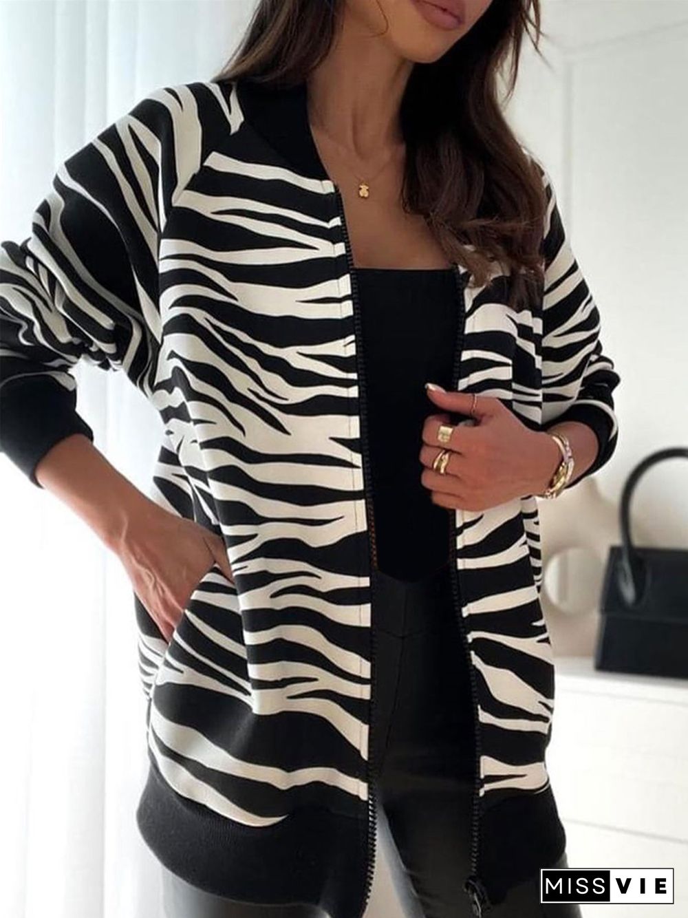 Casual Zebra Long Sleeve Printed Outwears Jackets