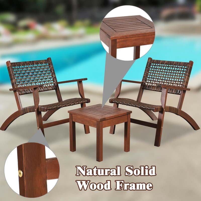 3 Pcs Rattan Wooden Outdoor Table & Chair Set Patio Bistro Conversation Set