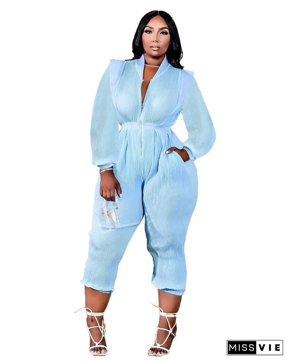 Plus Size V-neck Zipper Long Sleeve Pleated Jumpsuit