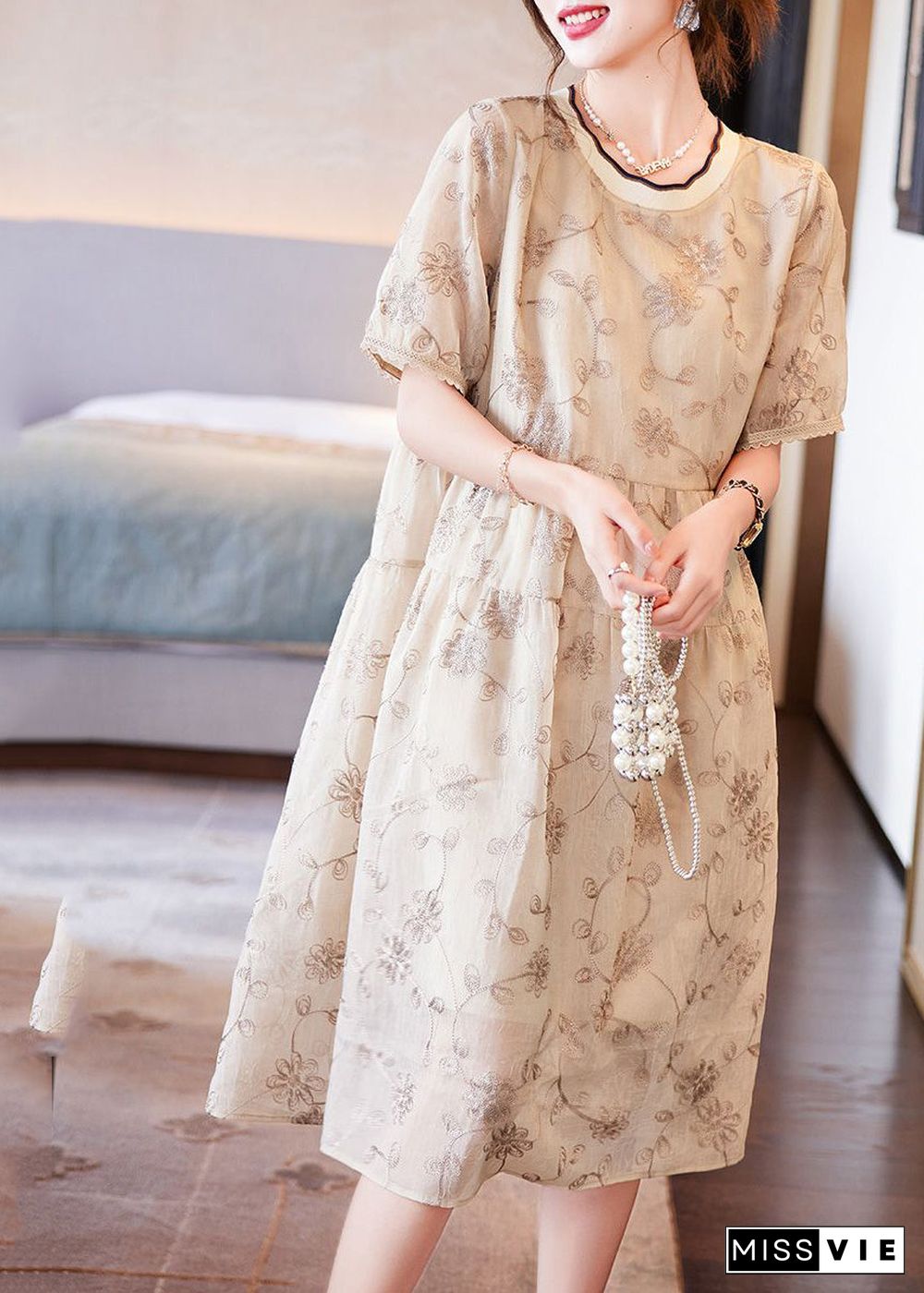 Boutique Beige O-Neck Patchwork Print Chiffon Long Dresses Summer