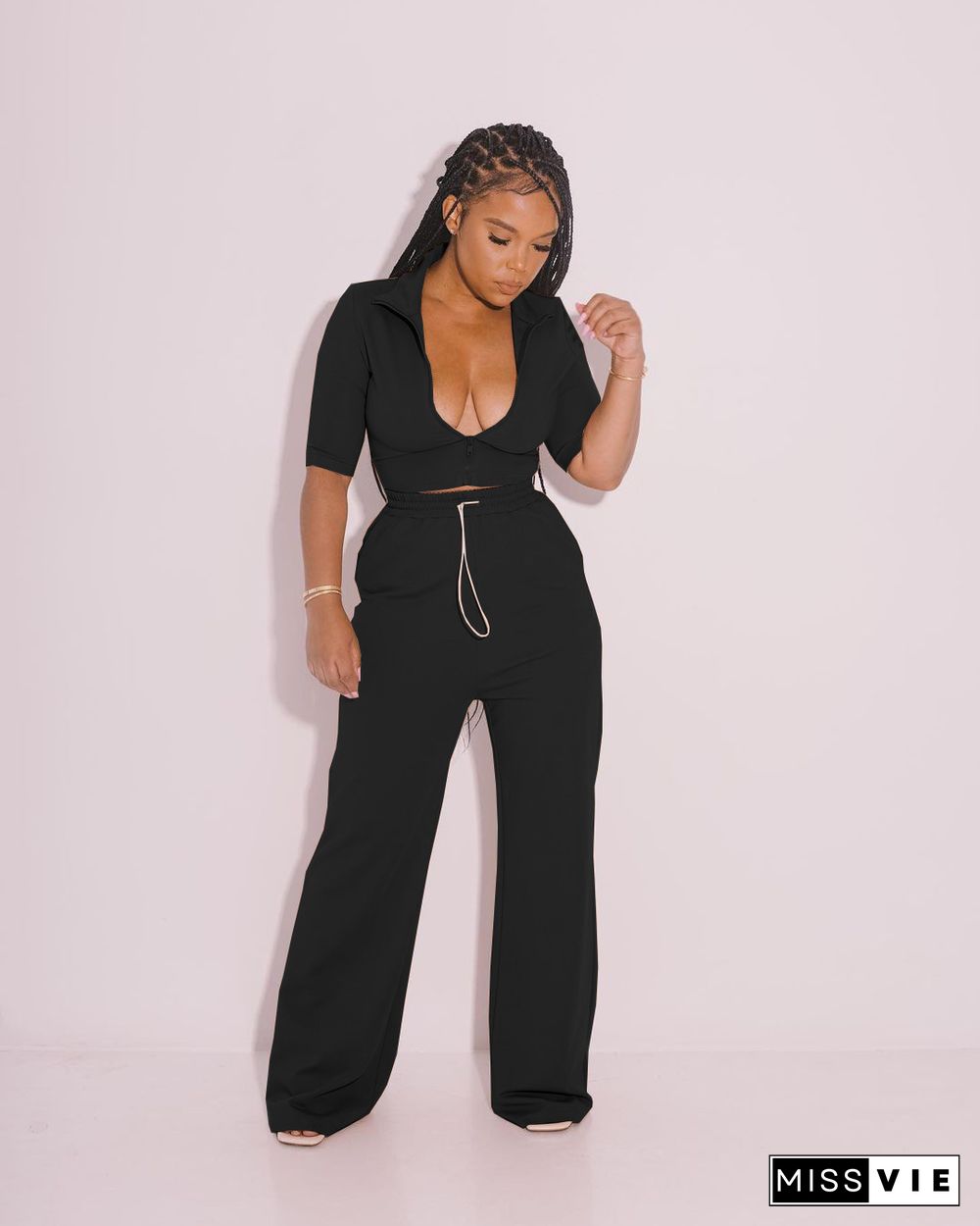 Zipper Short Sleeve Crop Top Wide Leg Pant Set