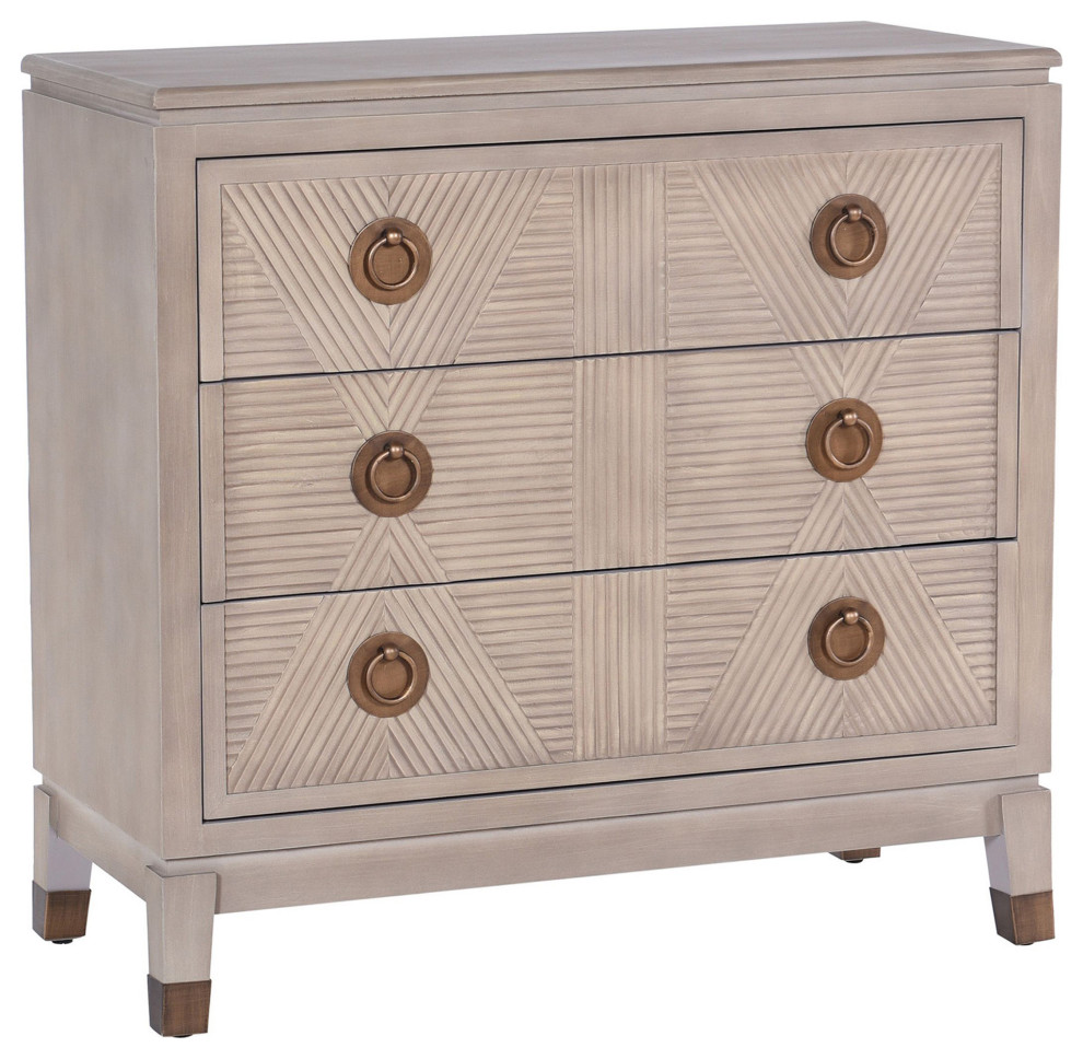 Windsor Three Drawer Chest Beige Bisque Finish Antique Brass Hardware   Transitional   Accent Chests And Cabinets   by StyleCraft  Houzz