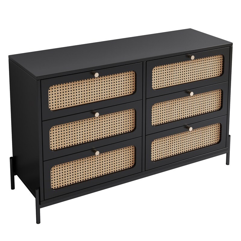 47'' Modern Solid Wood 6 Drawer Dresser with Rattan Decorative Doors (2 Colors）
