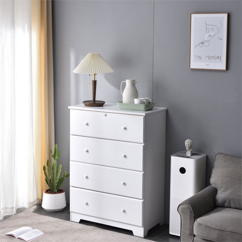 Pemberly Row Modern Solid Pine Wood 4 Drawer Chest Dresser in White