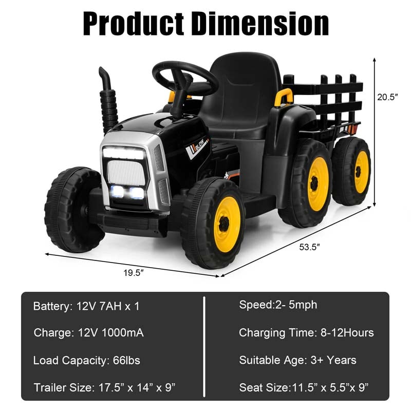 Kids Ride on Tractor w/Trailer 12V Battery Powered Electric Riding Toy Car Vehicle with 3-Gear-Shift Ground Loader