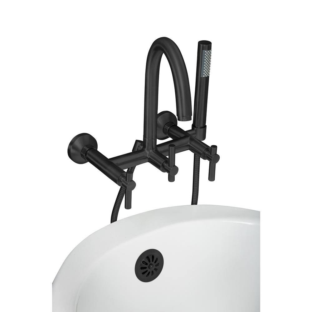 PELHAM  WHITE Modern 3-Handle Wall Mount Tub Faucet with Handshower and Hose Metal Levers in Matte Black PW82565-L-MB