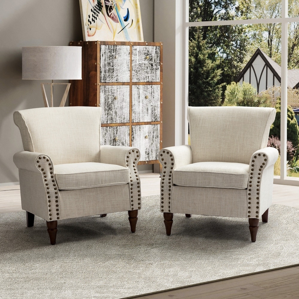 Nyctelius Classic Upholstered Wingback Accent chair with Wooden Legs and Nailhead Trim Set of 2 by HULALA HOME