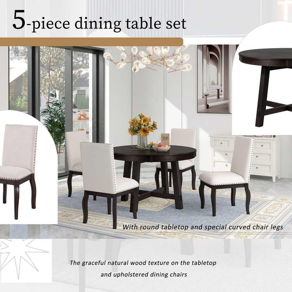 5 Piece Adjustable 42 58 inch Round Oval Extendable Wood Dining Table Set for Country House City Apartment Dining Room