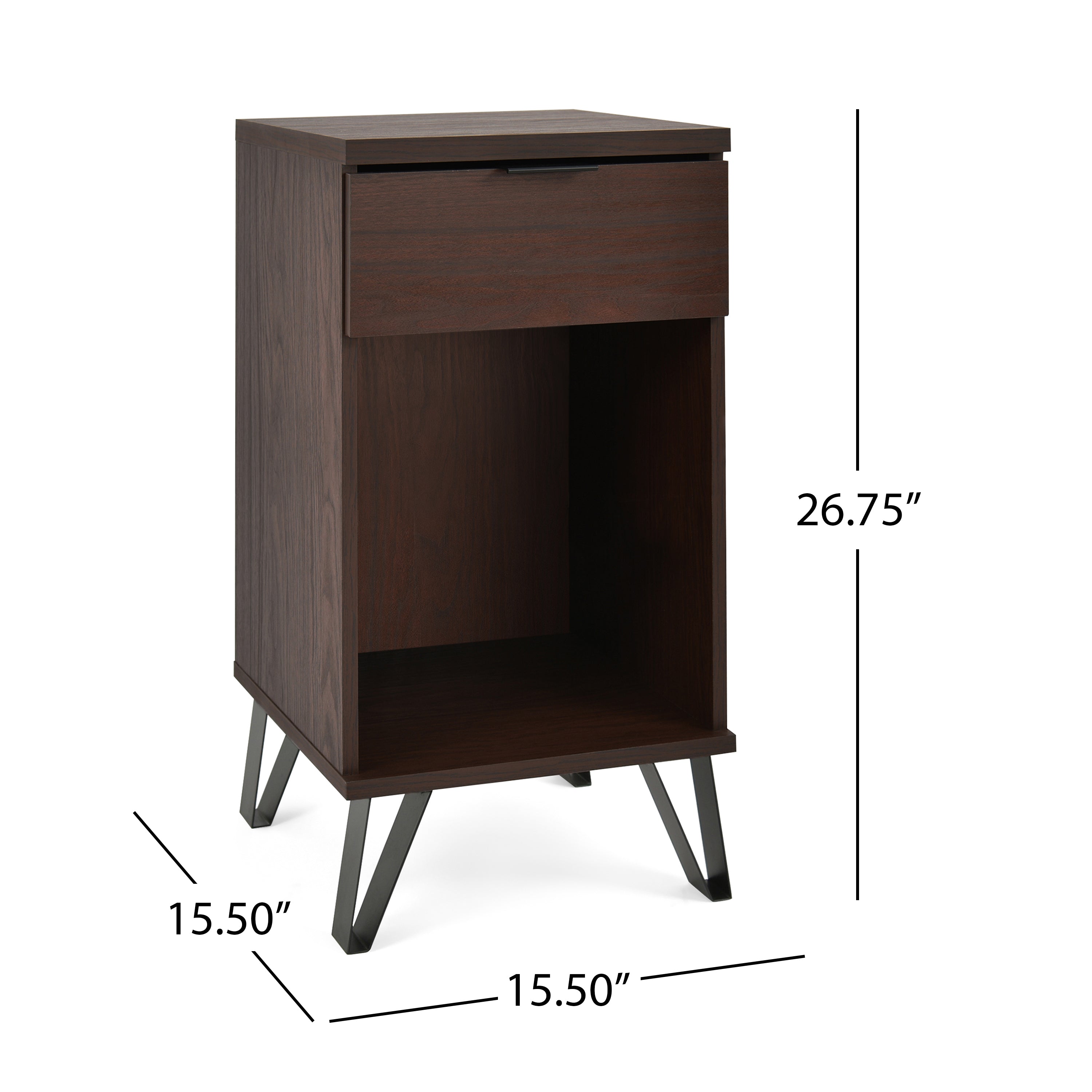 Demijen Modern Industrial Tall Nightstand with Drawer, Walnut and Matte Black