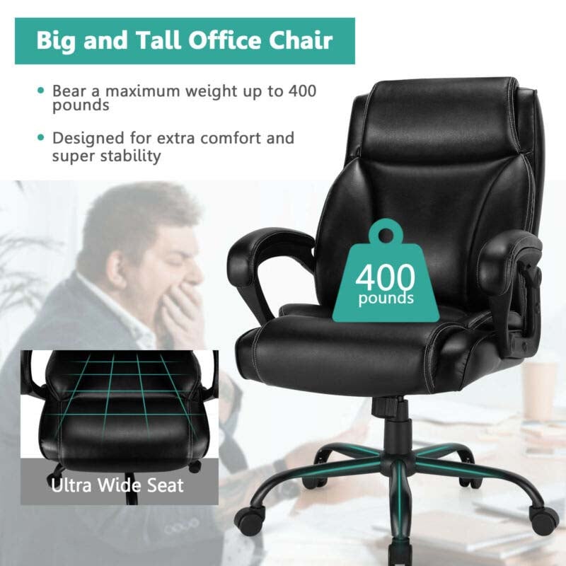 400 LBS Big & Tall Office Chair, Leather High Back Executive Chair, Wide Seat Swivel Computer Task Desk Chair