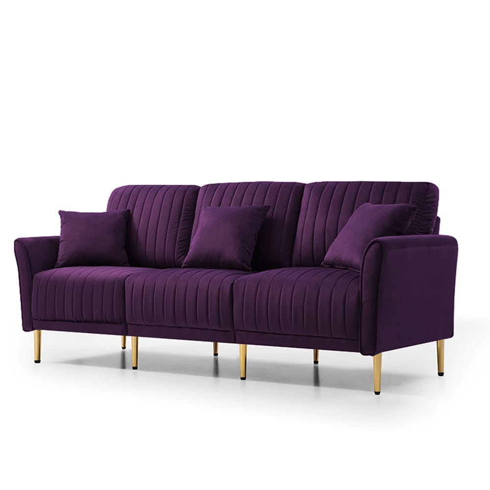 Purple Luxurious Channel Tufted Velvet 3 Seat Sofa  3 Pillows