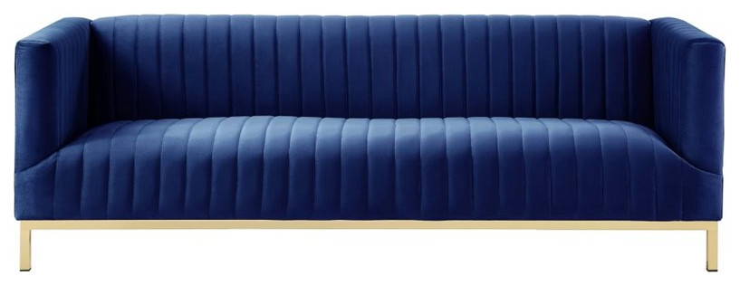 Posh Living Hayden Velvet Tuxedo Sofa with Y Metal Base in Navy Blue/Chrome   Contemporary   Sofas   by Homesquare  Houzz