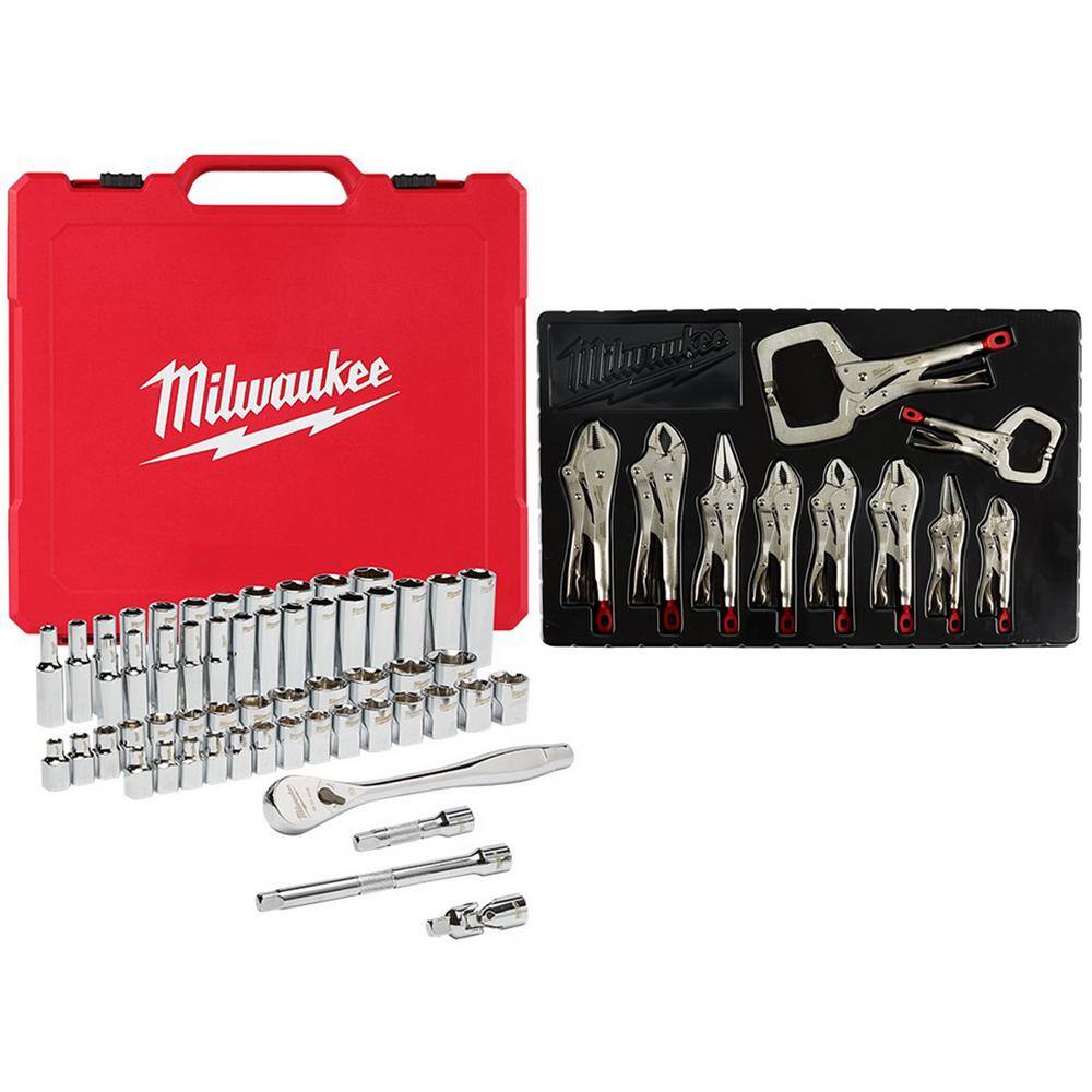 MW 38 in. Drive SAEMetric Ratchet and Socket Mechanics Tool Set with Torque Lock Locking Pliers Kit (66-Piece) 48-22-9008-48-22-3690