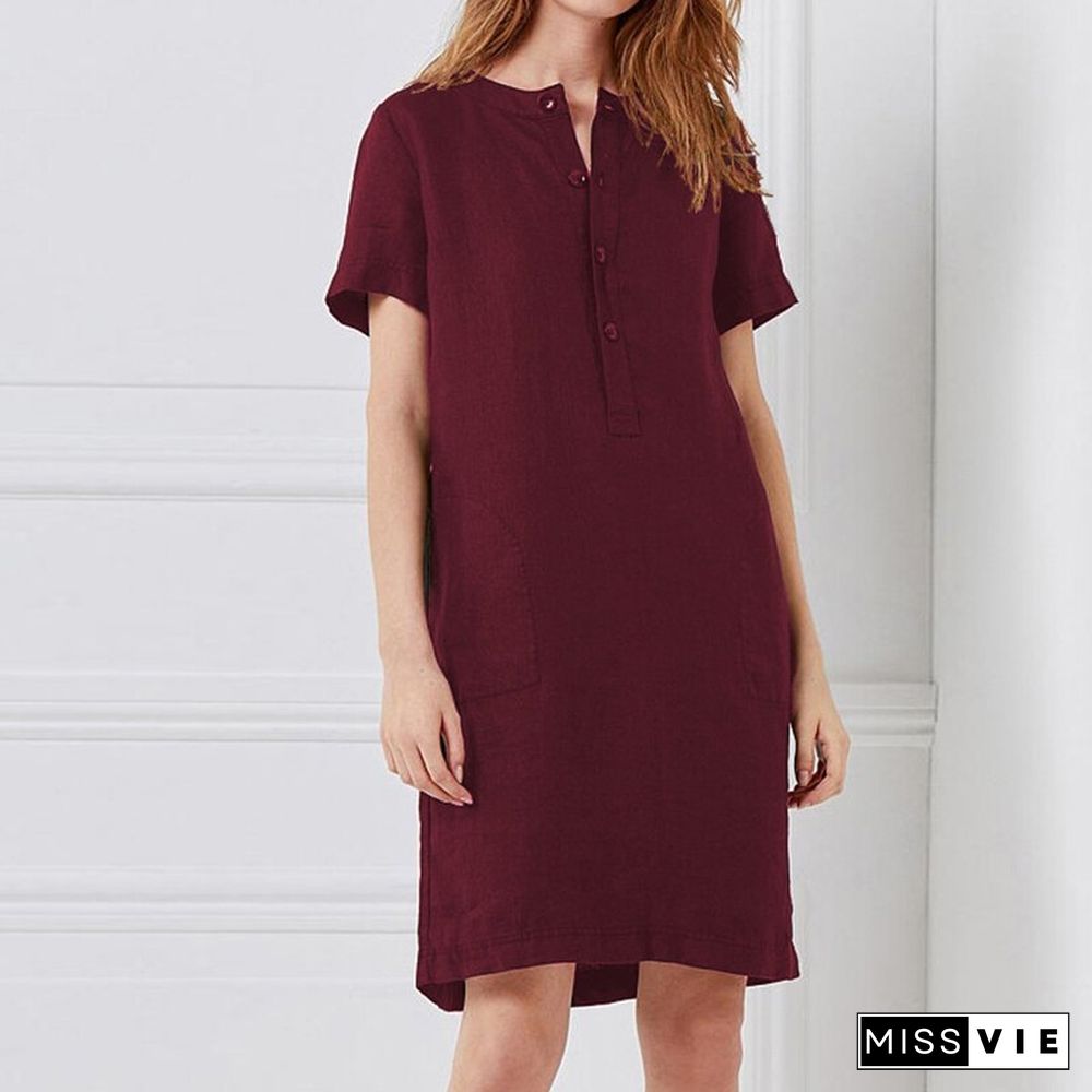 Spring Cotton Linen Dress Fashion Button O-Neck Knee Party Dress Summer Women Casual Short Sleeve Pocket Solid Dresses