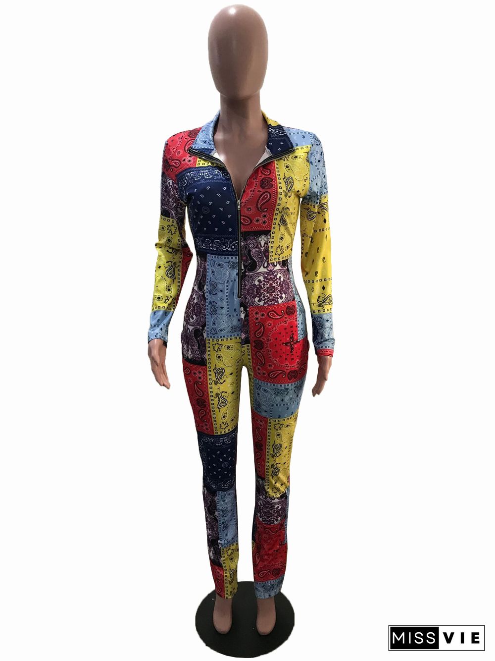 Paisley Printed Casual Long Sleeve Bodycon Jumpsuits