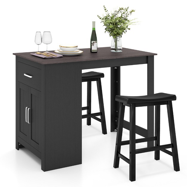 Costway 3 Pieces Bar Table Set Pub Dining Table With Saddle Stools amp Storage Cabinet Black