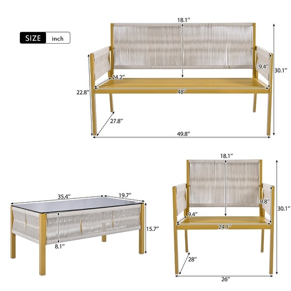 4Piece Rope Patio Outdoor Furniture Patio Conversation Set Deep Seating with Tempered Glass Table and Thick Cushion