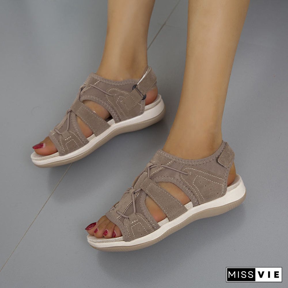 Women's Summer Velcro Round Toe Solid Color Canvas Casual Sandals