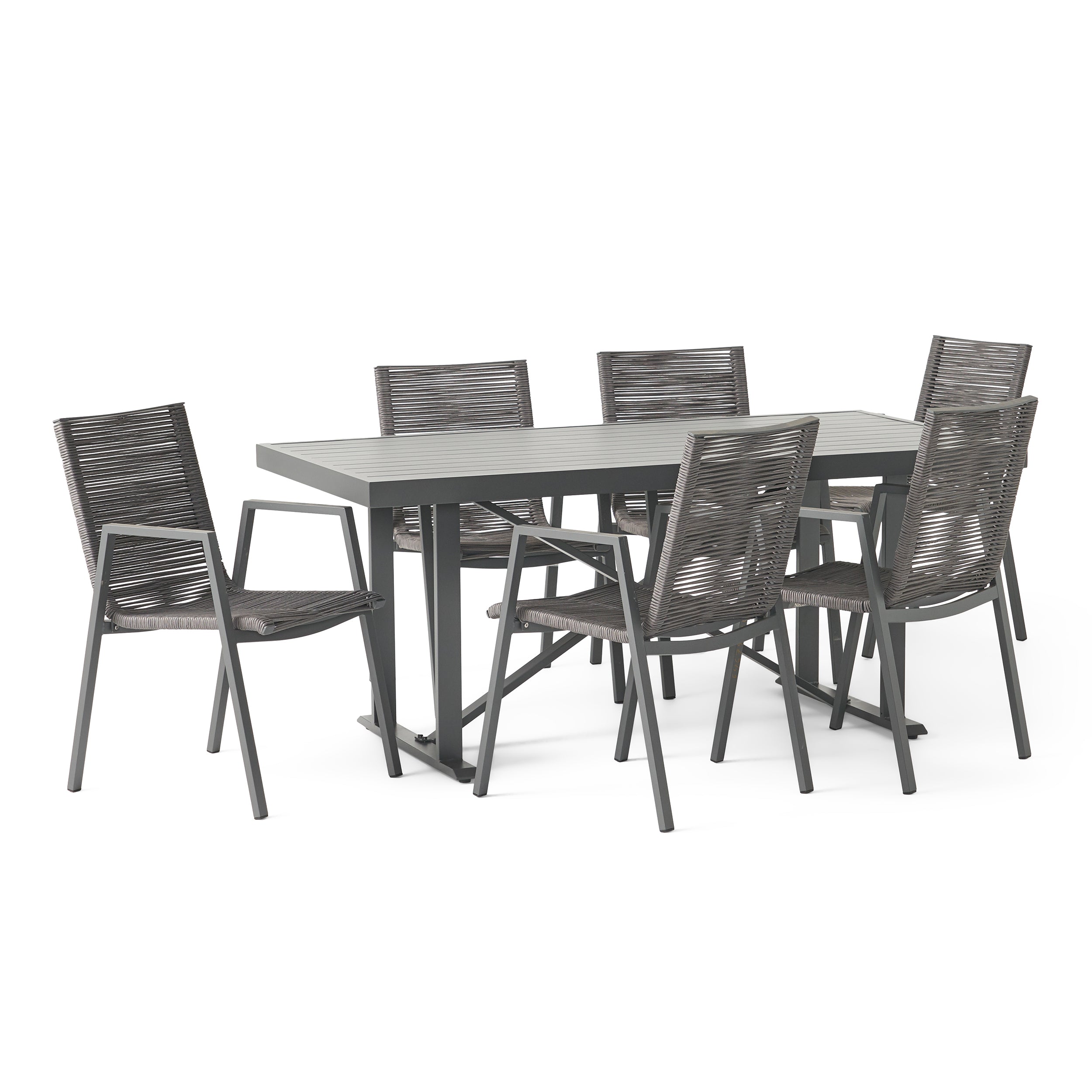 Hines Outdoor Modern Industrial Aluminum 7 Piece Dining Set with Rope Seating