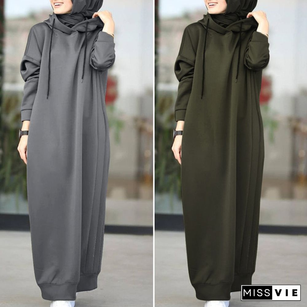 ZANZEA Women Autumn O Neck Solid Long Hooded Dress Baggy Bohemian Muslim Kaftan Abaya Maxi Dress Hoodies