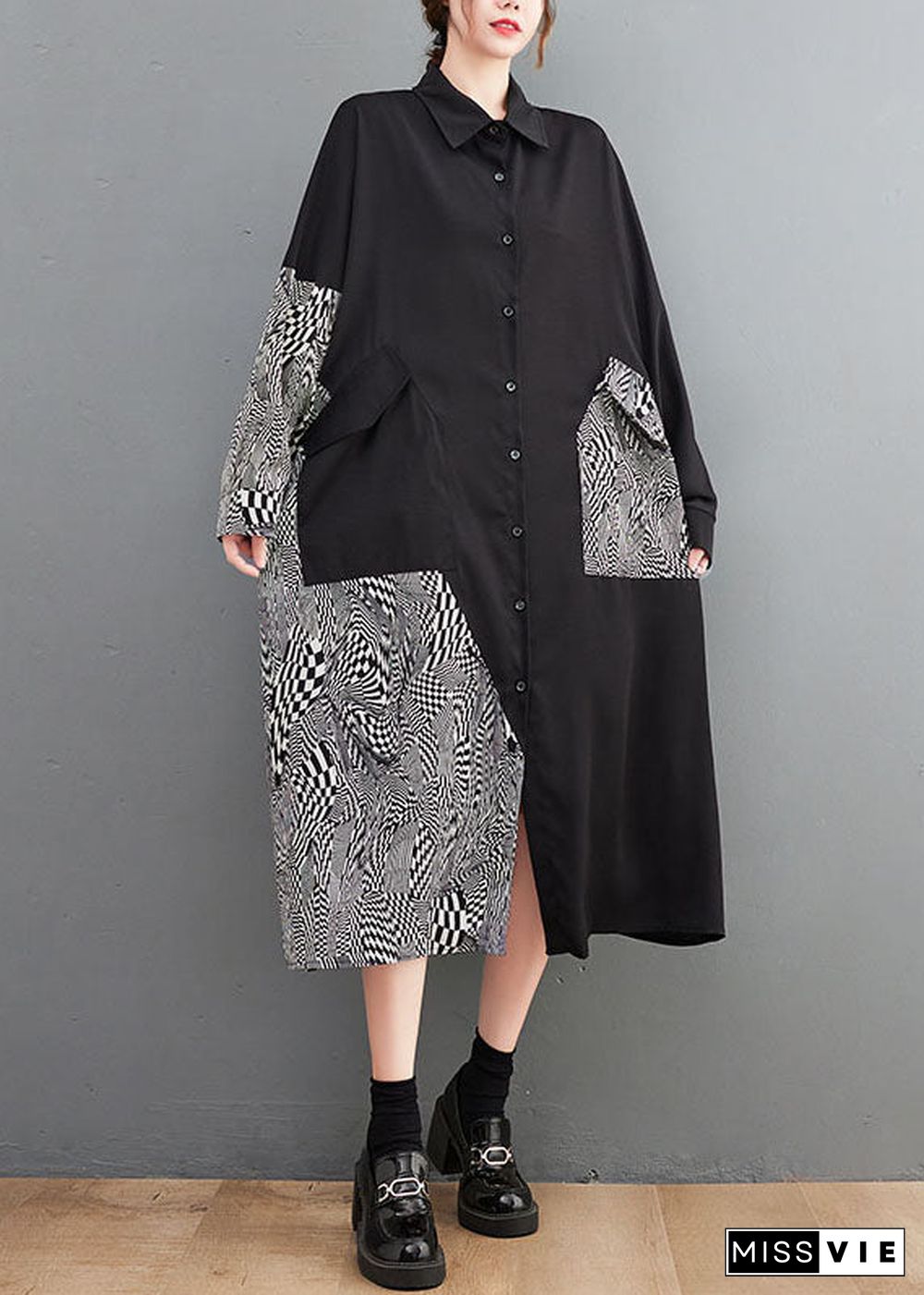 Italian Black Asymmetrical Patchwork Print Cotton Dresses Spring