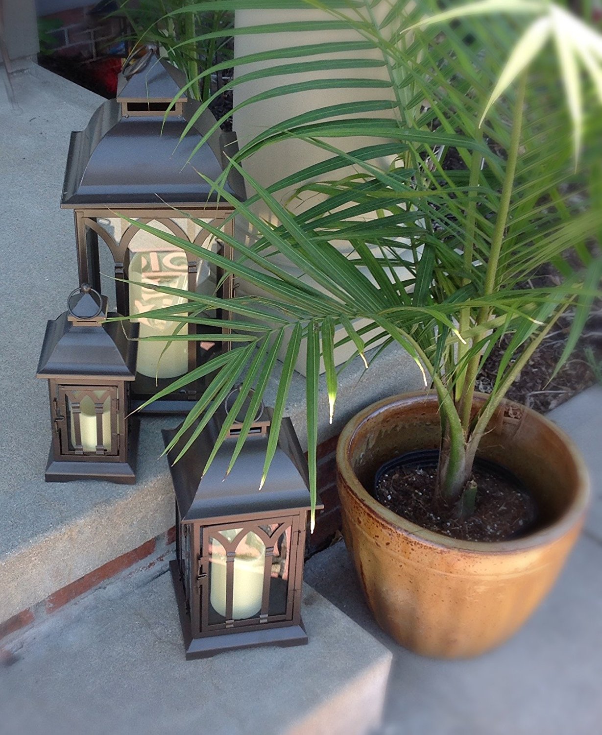 3PC Indoor/Outdoor Bronze Powder-Coated Steel and Tempered Glass Lanterns