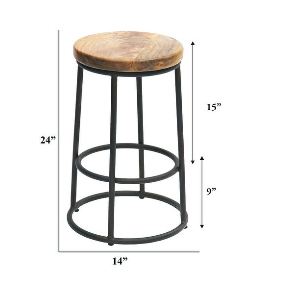 24 Inch Mango Wood Counter Height Barstool With Iron Base， Brown And Black