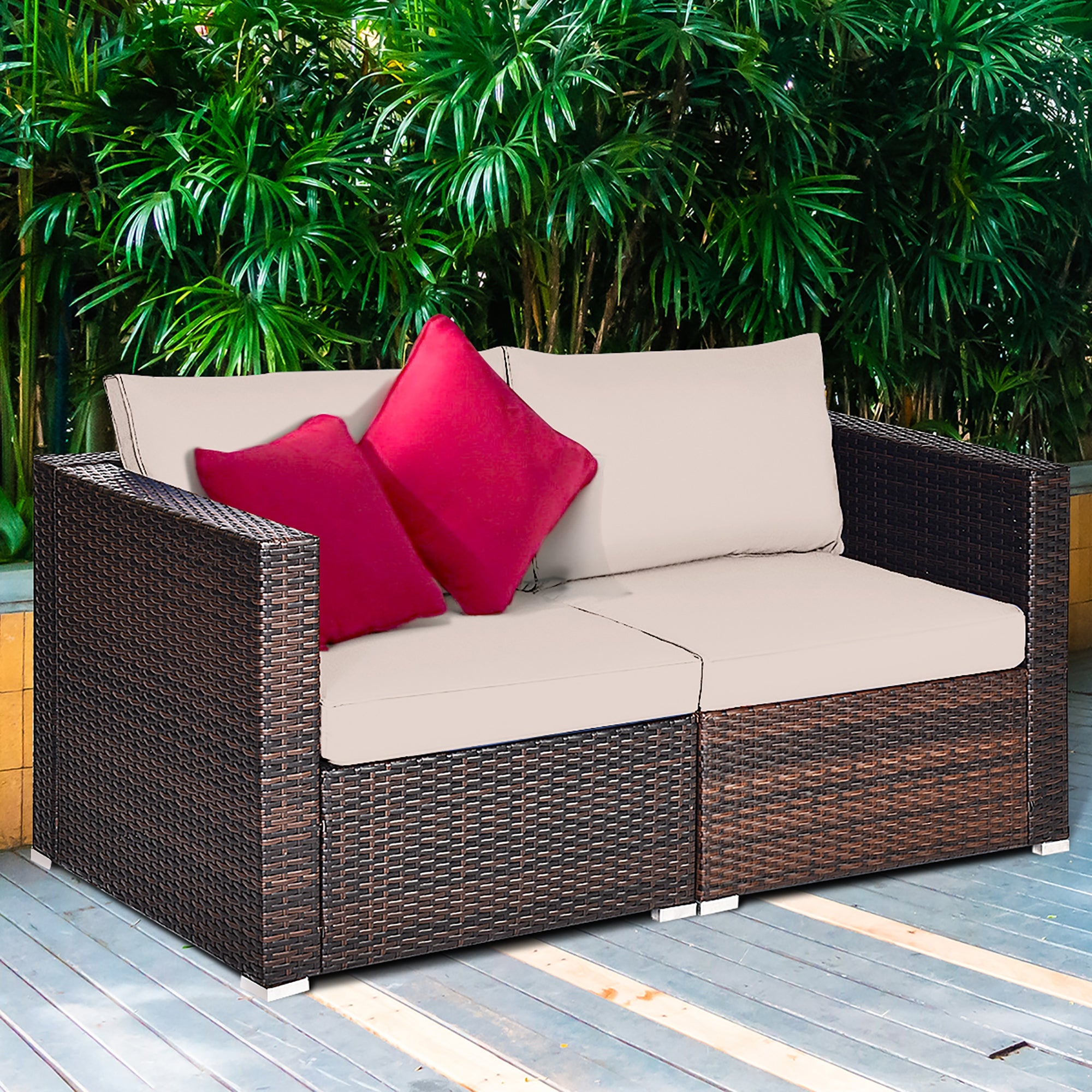 2PCS Patio Furniture Rattan Loveseat Sofa with Removable Cushion - Overstock - 33501569