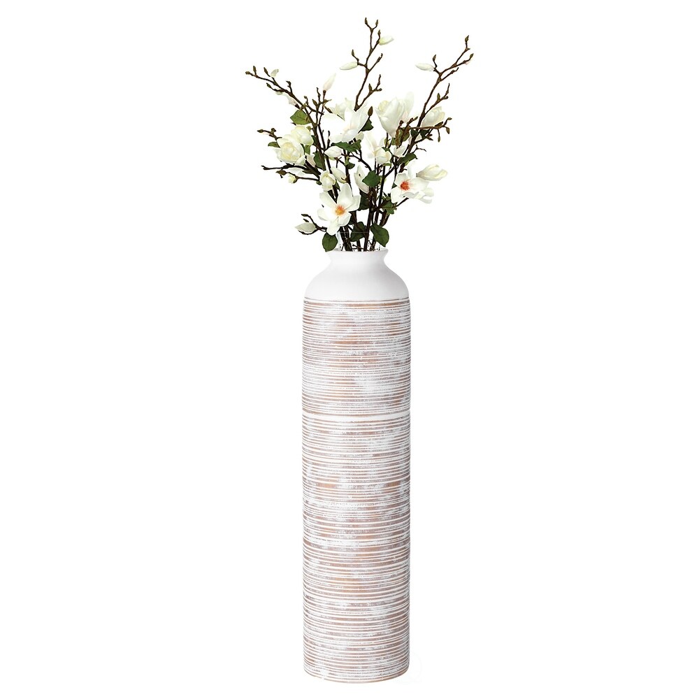 Contemporary Floor Vase   Ribbed 20 Inch Tall Trumpet Style Ceramic White Table Vase   Modern Home Decor Accent for Entryway