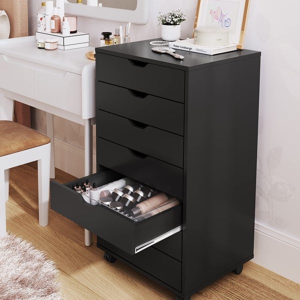 7 Drawers Dresser， Wood Storage Dresser Cabinet with Wheels， Storage Cabinet for Makeup， Tall Chest of Drawers - as picture - - 37668759