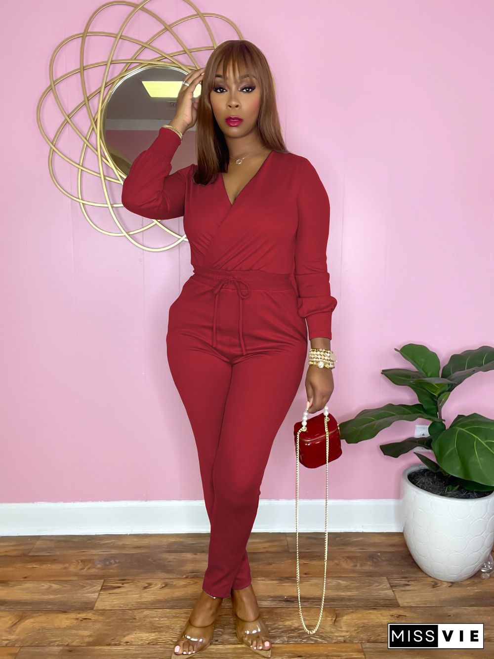 V Neck Long Sleeve Lace Up One Piece Jumpsuit