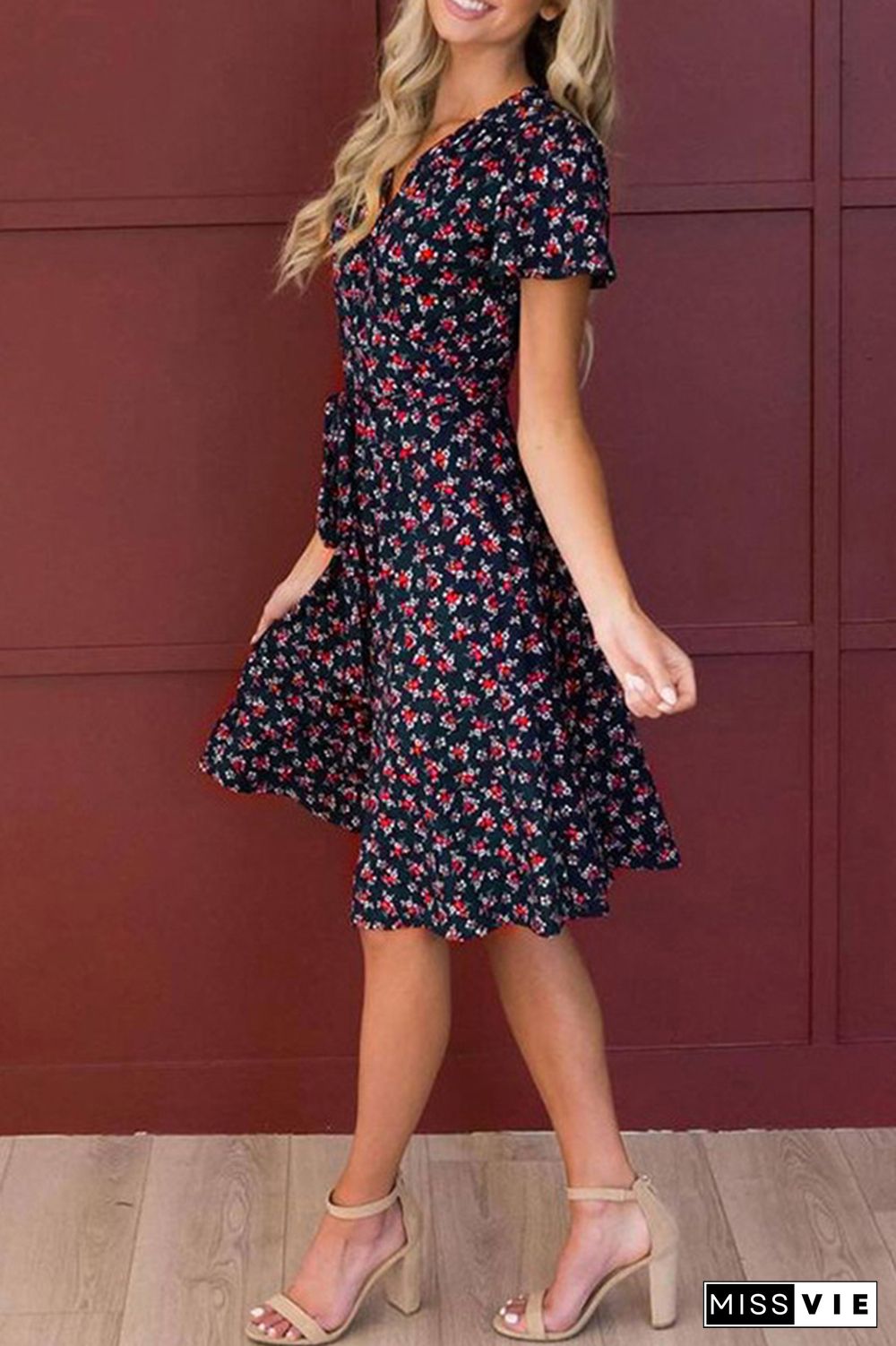 Floral V Neck High Waist Dress Wholesale