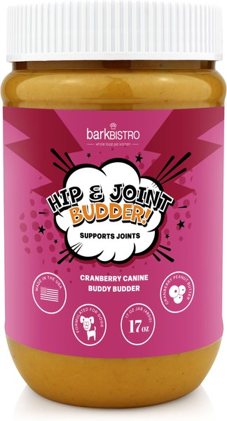 Bark Bistro Company Buddy Budder Cranberry Canine Hip and Joint Peanut Butter Lickable Dog Treat， 17-oz jar