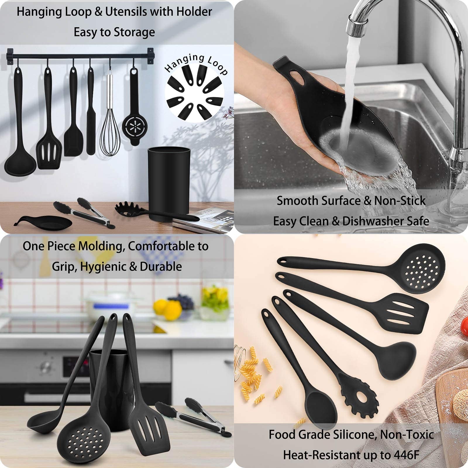 Wamarket 28 PCS Black Silicone Kitchen Cooking Baking Utensil Set for Nonstick Cookware, Heat-Resistant & Non-Stick, Non-Toxic & Dishwasher Safe