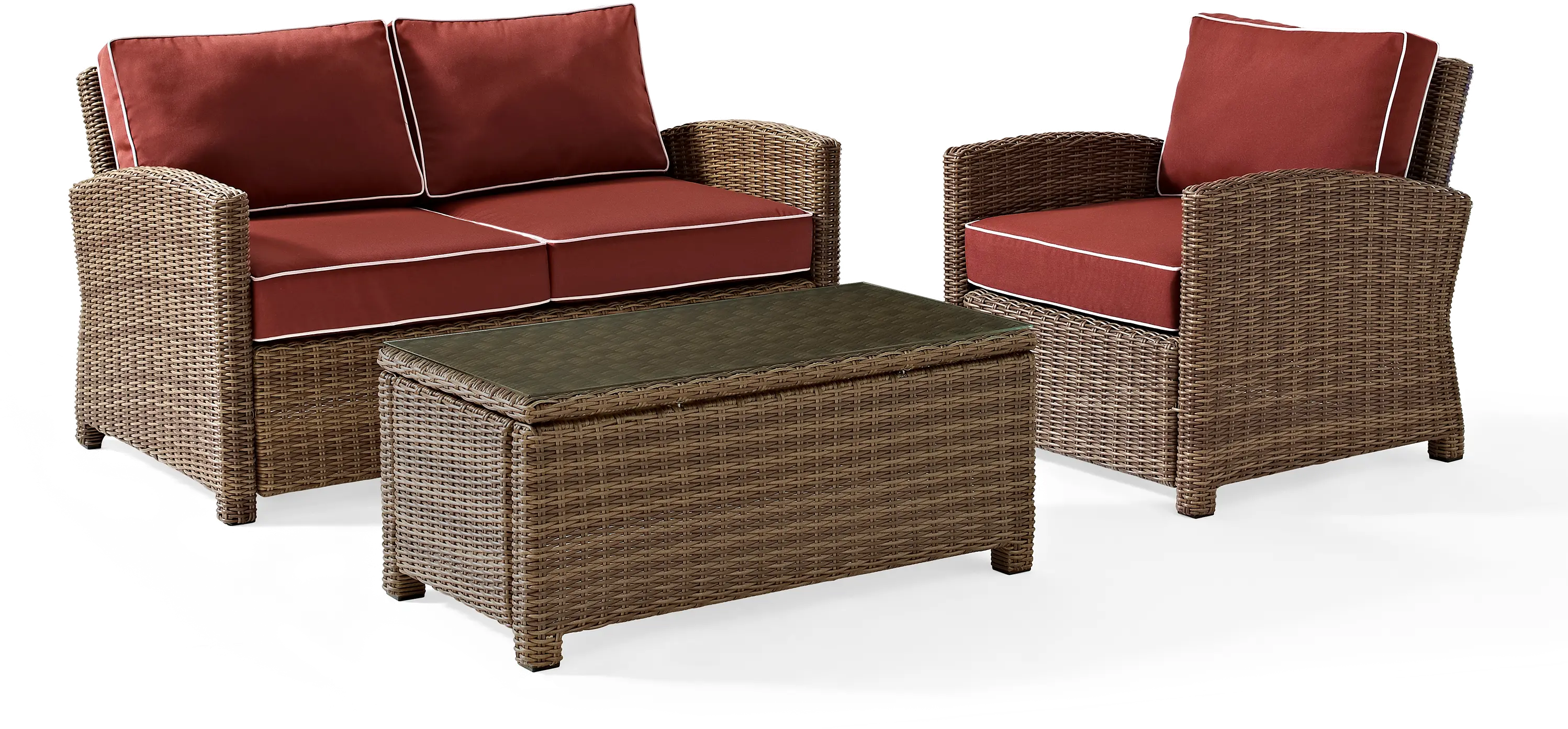 Bradenton Sangria and Wicker 3 pc Loveseat， Armchair， and Table