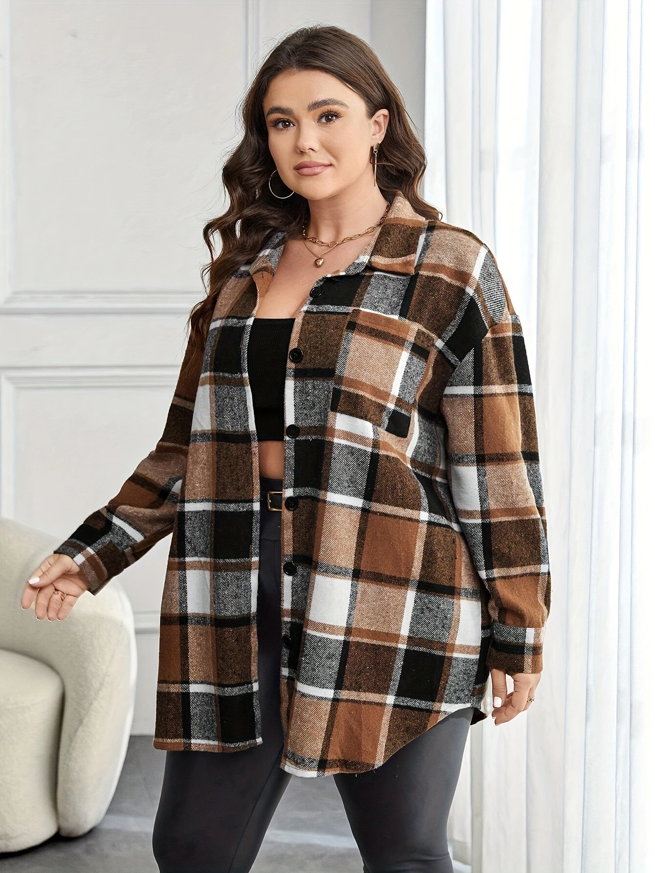 Elegant Plus Size Plaid Blouse with Lapel Collar, Button Details, and Pockets - 100% Polyester Non-Stretch Woven Fabric for Fall