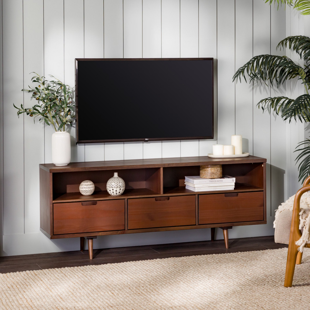 Rectangular TV Stand  Sleek Angled Legs With 3 Open Shelves  amp3 Drawers   Midcentury   Entertainment Centers And Tv Stands   by Decorn  Houzz