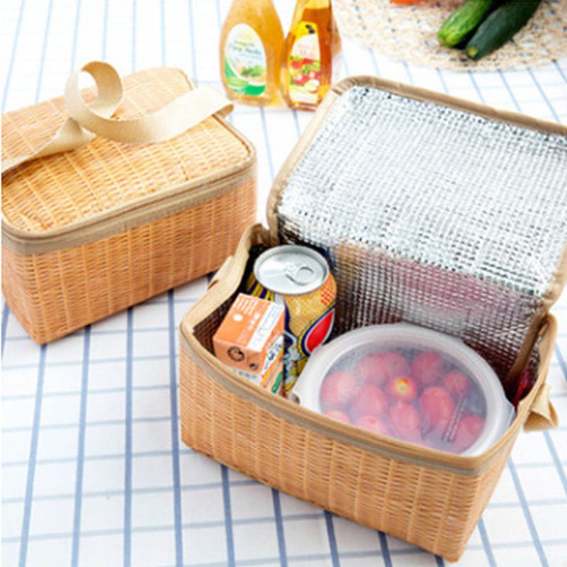 FeiraDeVaidade Imitating Rattan Woven Picnic Bag with Lid and Handle Insulation Lunch Bag Aluminum Film Insulation Bag