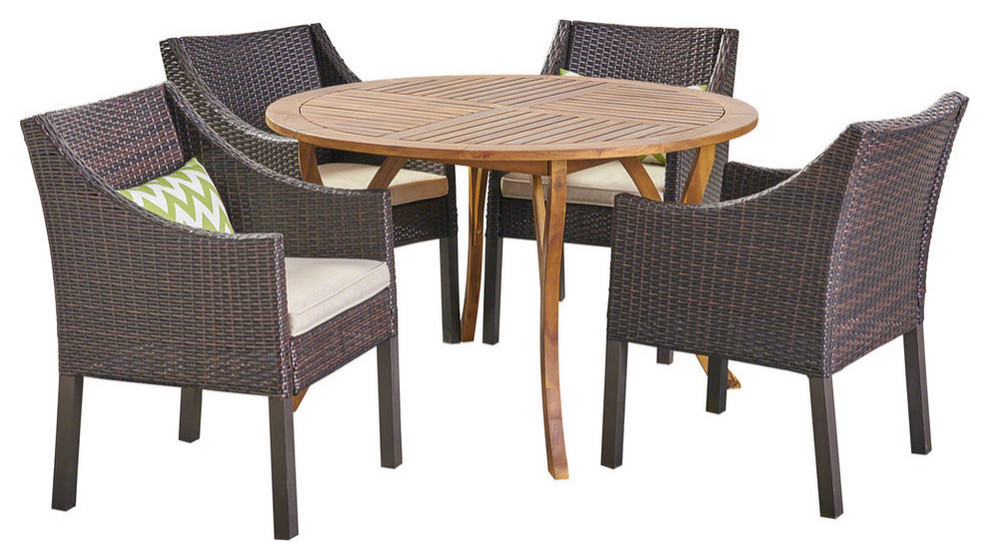 GDF Studio 5 Piece Tycie Outdoor Acacia and Wicker Dining Set  Teak/Multi Brown   Tropical   Outdoor Dining Sets   by GDFStudio  Houzz