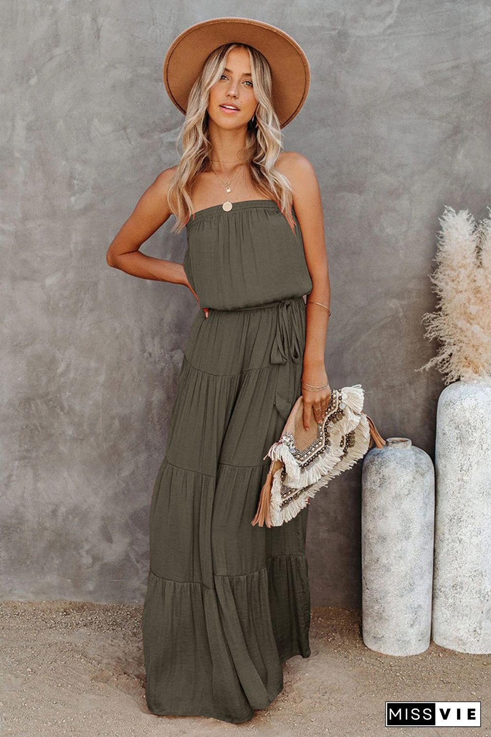 Strapless Tie Waist Splicing Maxi Dress