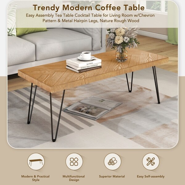 Modern Coffee Table， Easy Assembly Tea Table， Thicken Cocktail Table with w/Chevron Pattern and Metal Hairpin Legs for Living Room