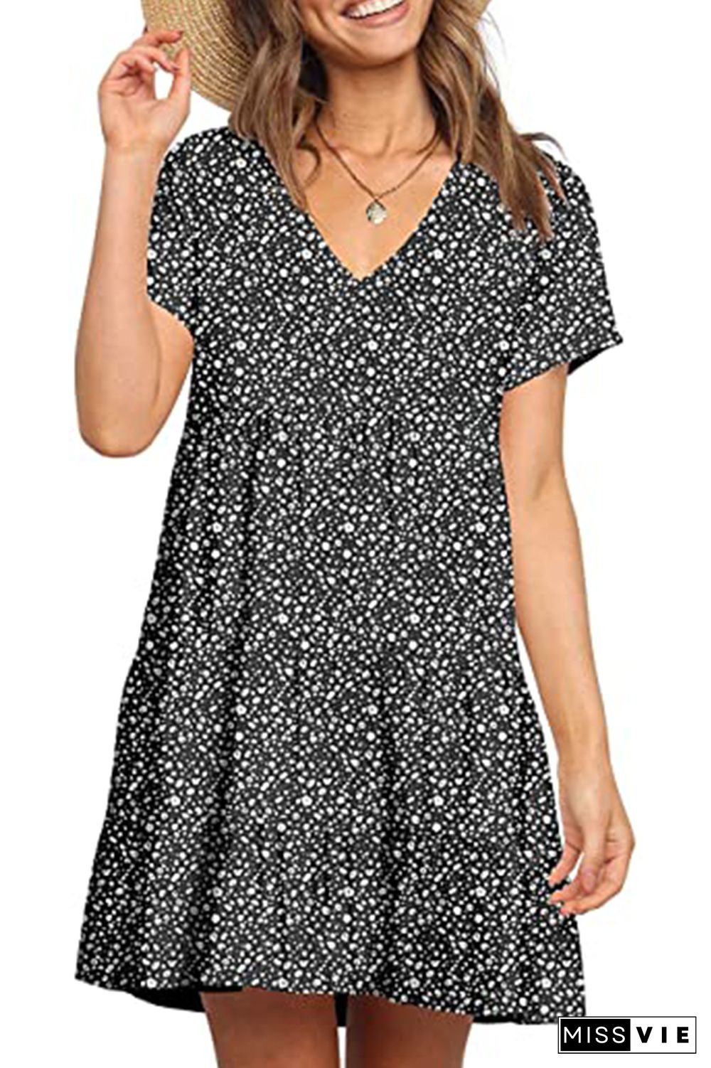 Polka Dot Print V-neck Short Sleeve Mini Dress Wholesale