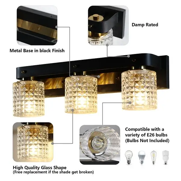 ExBrite Farmhouse 3-lights Bathroom Dimmable Iron Black Cut Crystal Modern Vanity Lights Wall Sconces - 3-Light-Black