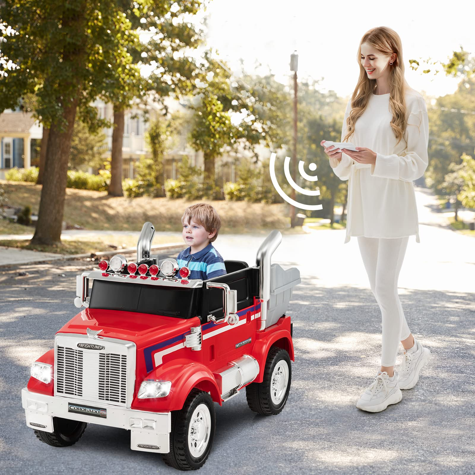 Costzon Electric Car for Kids, 12V Licensed Freightliner Ride on Dump Truck w/ Remote Control, Rear Loader