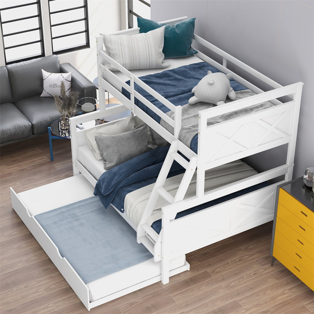 Twin Over Full Bunk Bed, Solid Wood Bed Frame with Trundle, Ladder and Safety Guardrail for Kids Guest Room Bed (White)